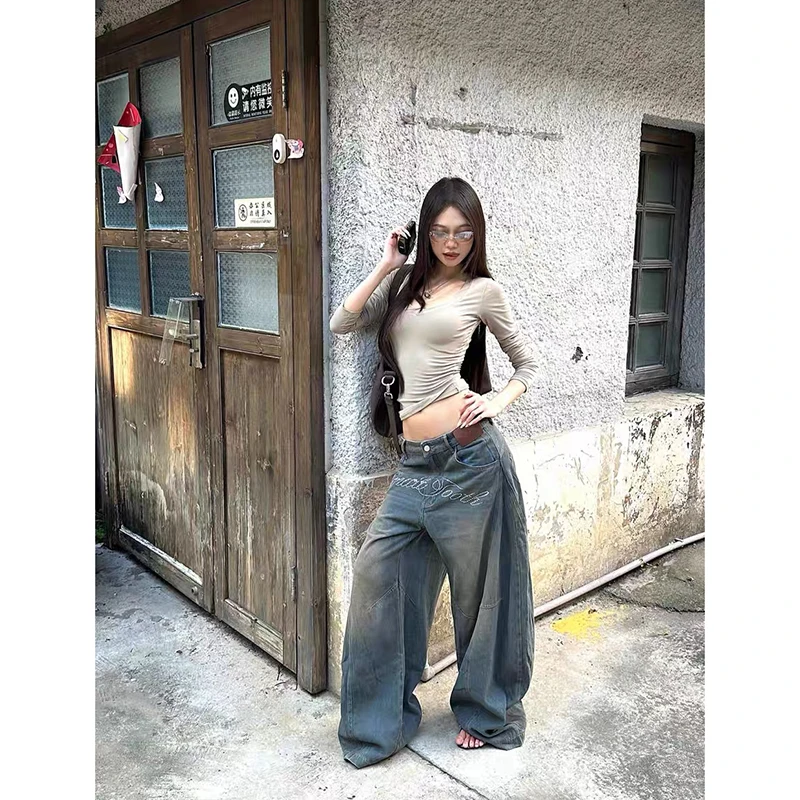 女性ヴィンテージブルー Y2k バギージーンズストリート原宿ボーイフレンドデニムパンツ美的 2000 年代パンツオーバーサイズ服