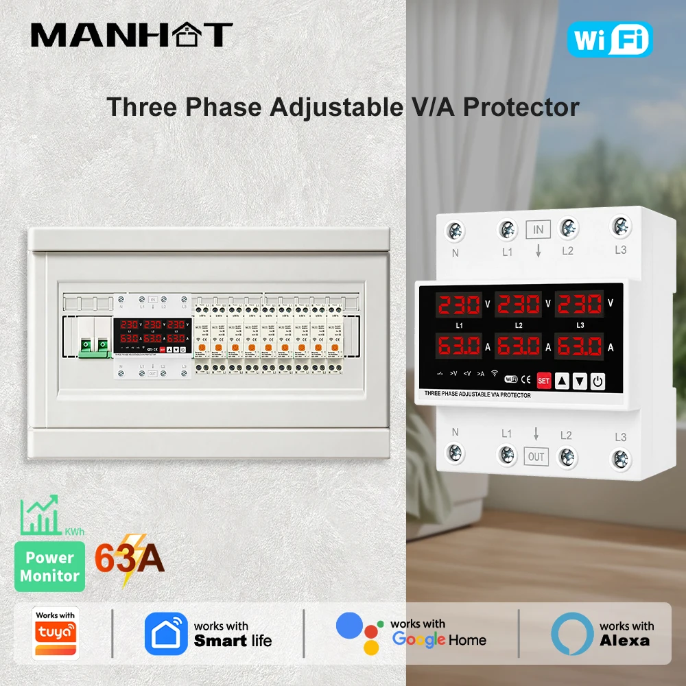 MANHOT WiFi Smart Circuit Breaker THREE PHASE Smart Switch Over Under Voltage Protection Work With Tuya Alexa Google Home
