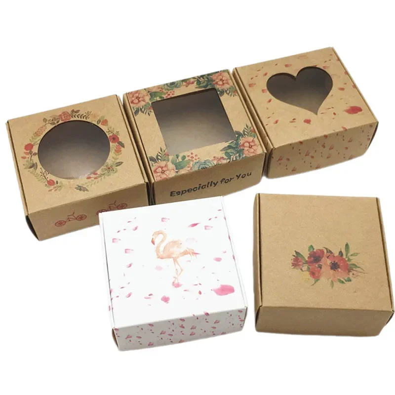 10Pcs Flower Pattern Kraft Paper Box with Window Handmade Soap Gift Boxes For Guest Jewelry Display Box Party Decorations