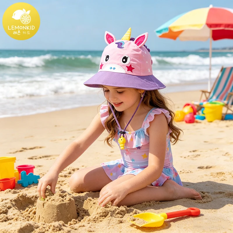 Sommer-Sonnenhut für Kinder, Baby-Sonnenhut für Mädchen, Einhorn-Design, Outdoor-Nacken- und Ohrenschutz, UV-Schutz, Strandhut, Bucket Cap, 3-6 Jahre