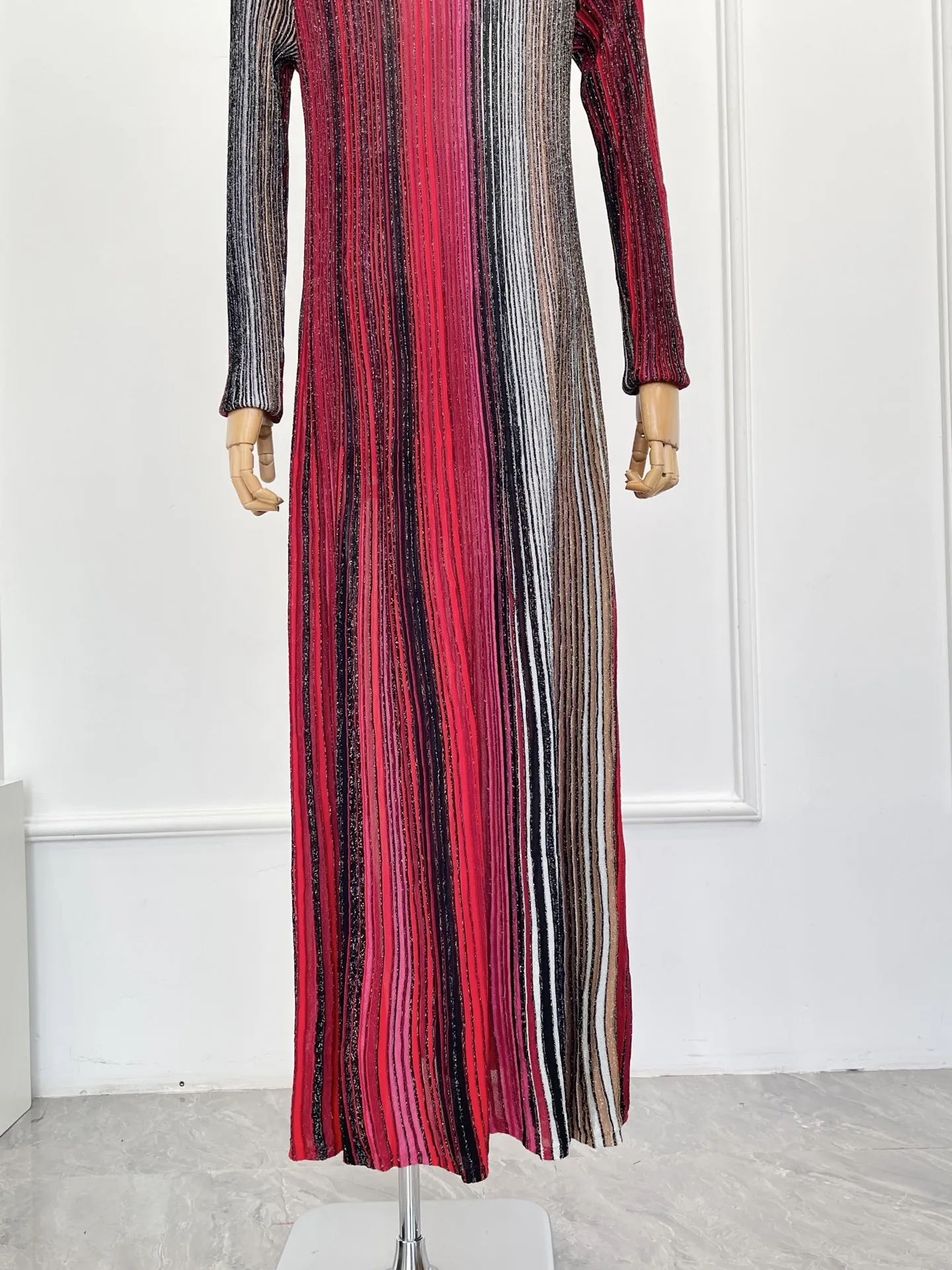 

2025 New Beautiful Multicolored Striped Print Long Sleeve Midi Dress for Women High Quality