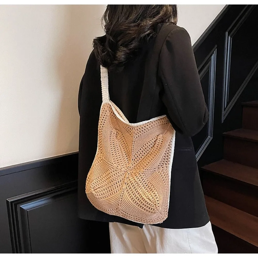 

Fashion Handmade Crochet Bag Boho Leisure Knitted Cross Bag Large Capacity Hollow Weave Tote Bag Travel