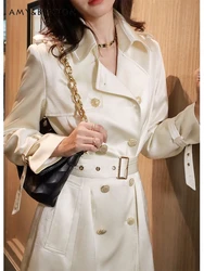 High-Grade White Silk Satin Blazer Collar Jackets Fashion Metal Buckle Midi Lace-up Socialite Temperament Slim Jackets for Women