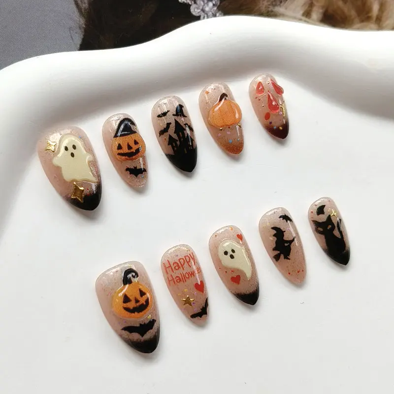 10 Stück 3D Geister-Kürbis Katzenaugen-Kunstnägel mit rauer Textur, Halloween-Nägel, europäische & amerikanische Nagelaufkleber, künstliche Nägel – Detail 7