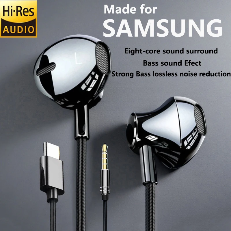 Made for Samsung huawei xiaomi Type C & 3.5mm HIFI Stereo original Wired Earphones Heavy Bass In-ear Headphone with Mic Earbuds