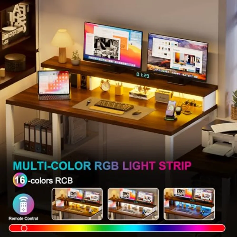 مكتب كمبيوتر مقاس 61.2 بوصة مع مكاتب طاقة للدرج ومكاتب مكتب مريحة للمزرعة مع حامل شاشة طويل وطاولة حاسوب خشبية #4