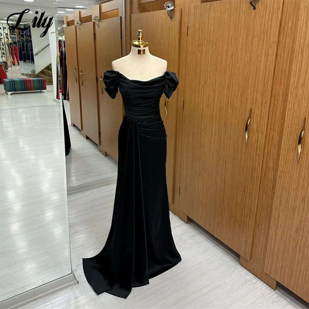 Lily Black Evening Dress Off The Shoulder Prom Dress Strapless Mermaid Satin Party Dress With Ruffled Sleeves Robe De Soirée
