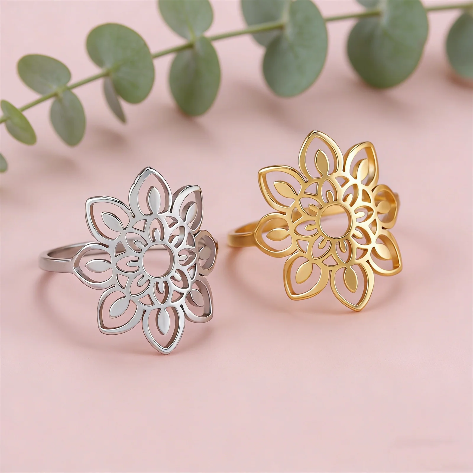Manhattan Lotus Damenring aus Edelstahl, ästhetischer Seiden-Bohemian-Mode-Ring, Verlobungs- und Hochzeitsschmuck, Geschenk