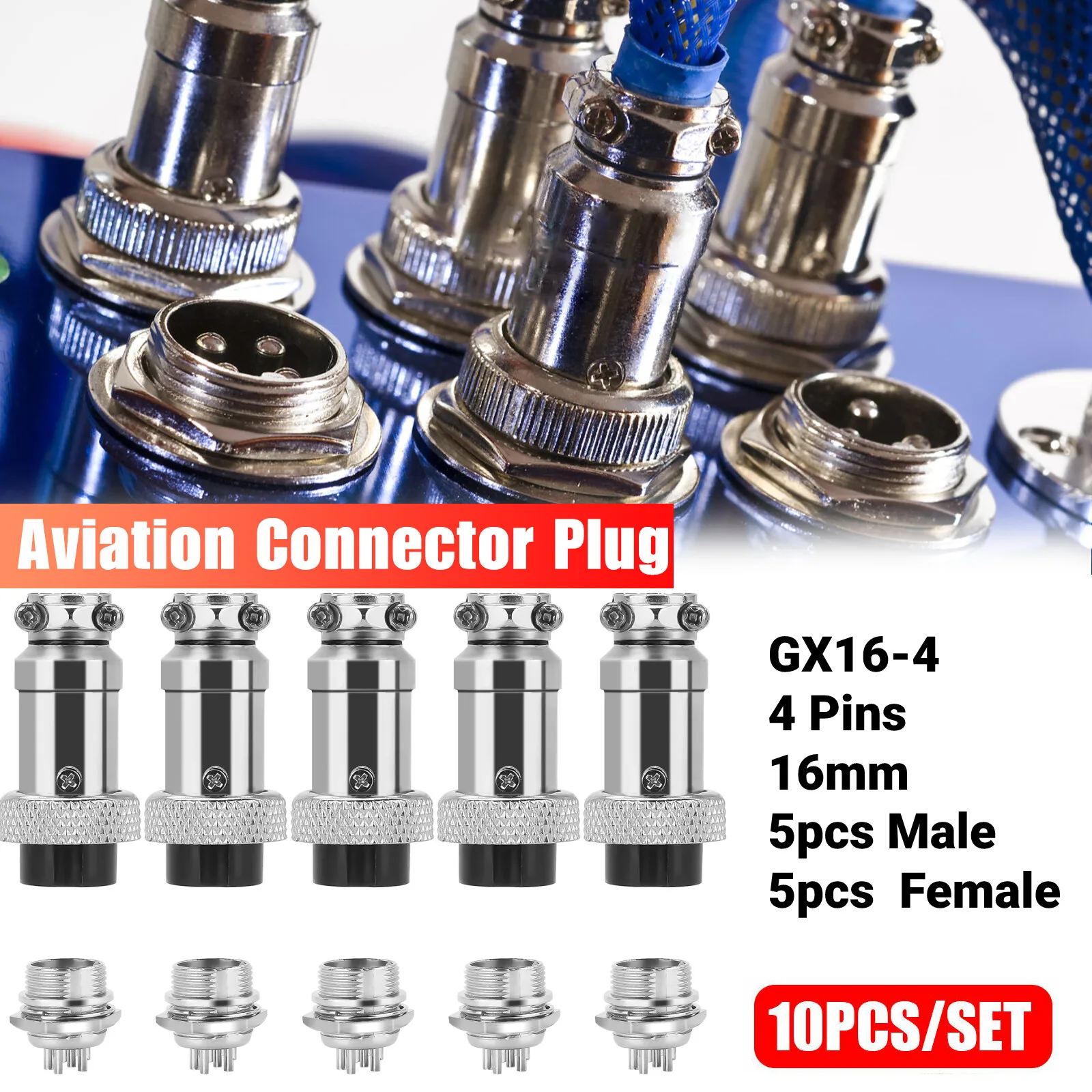 

10pcs 4 Pin Aviation Plug 16mm Male Female Panel Socket Metal Connector GX16-4
