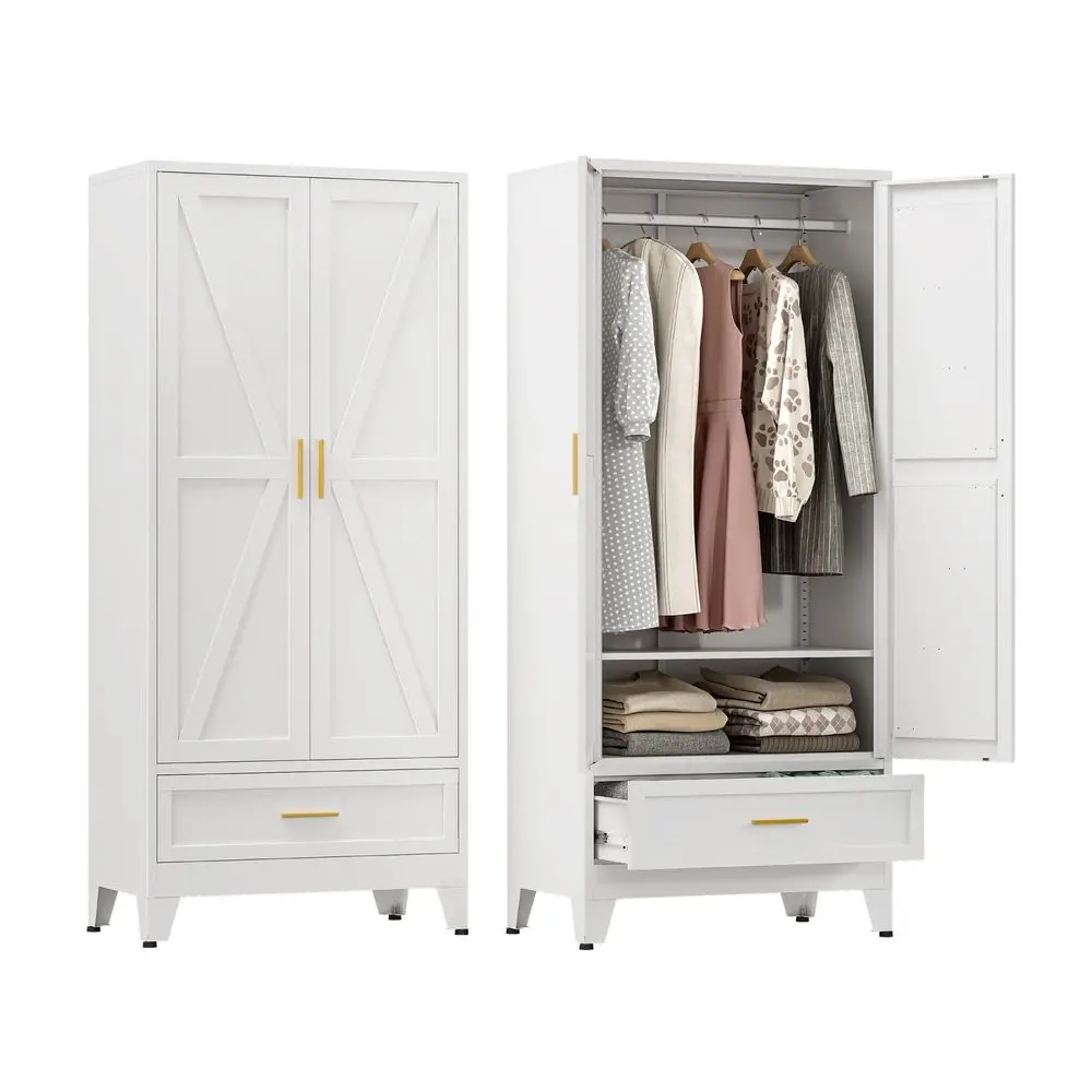 

Farmhouse Wardrobe Cabinet with One Drawers,Metal Wardrobe Closet with Hanging Rod,Metal Armoire with Adjustable Shelves for Be