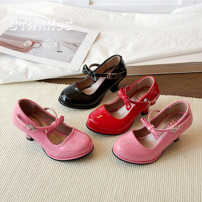 

Red Patent Leather Latin Dance Shoes Kid Girls Bowknot Ankle Strap High Heel Mary Janes Baby Child Party Dress Pump Zapatos