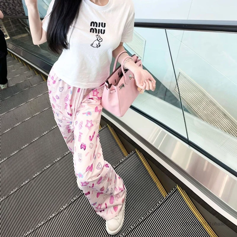 Korean Style Cartoon Pink Wide Leg Pants For Women Spring Summer Drawstring Loose Trousers Y2k Female Sweet Full Printed Pants