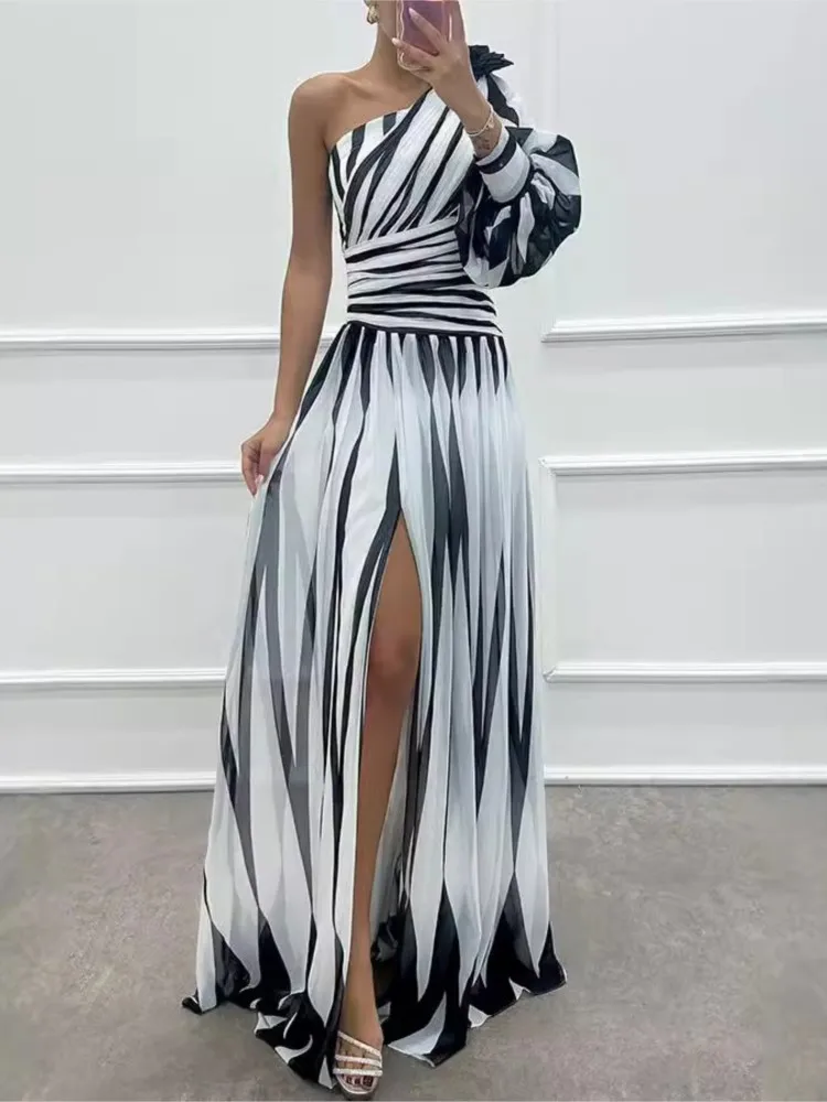 

Women Stripes Printed Dress Slanted One Shoulder Slit Dresses Casual Loose Dresses High Waist Fashion Sexy Vestidos Para Mujer