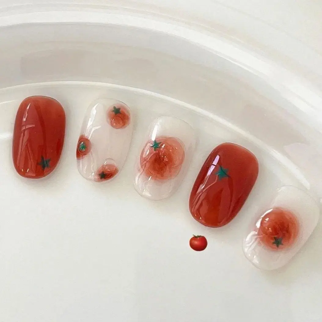 Jelly tomato peach manicure, kawaii press-on nails, handmade short nail press-on, reusable wearable nails, cute nails