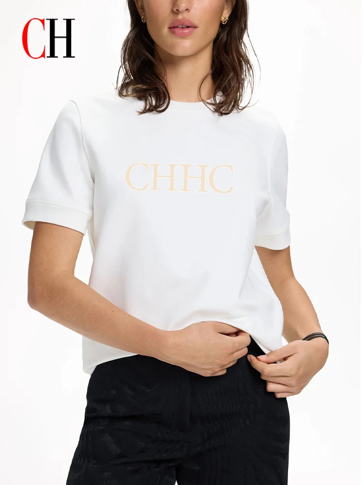 CH Women's Letter Print T-Shirt Short Sleeve Crew Neck Casual Loose Tee Summer Fashion Everyday Streetwear Top