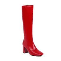 Petite piedi donna stivali alti al ginocchio PU autunno inverno nero rosso bianco albicocca giallo punta quadrata tacco alto grosso Plus Size 6216