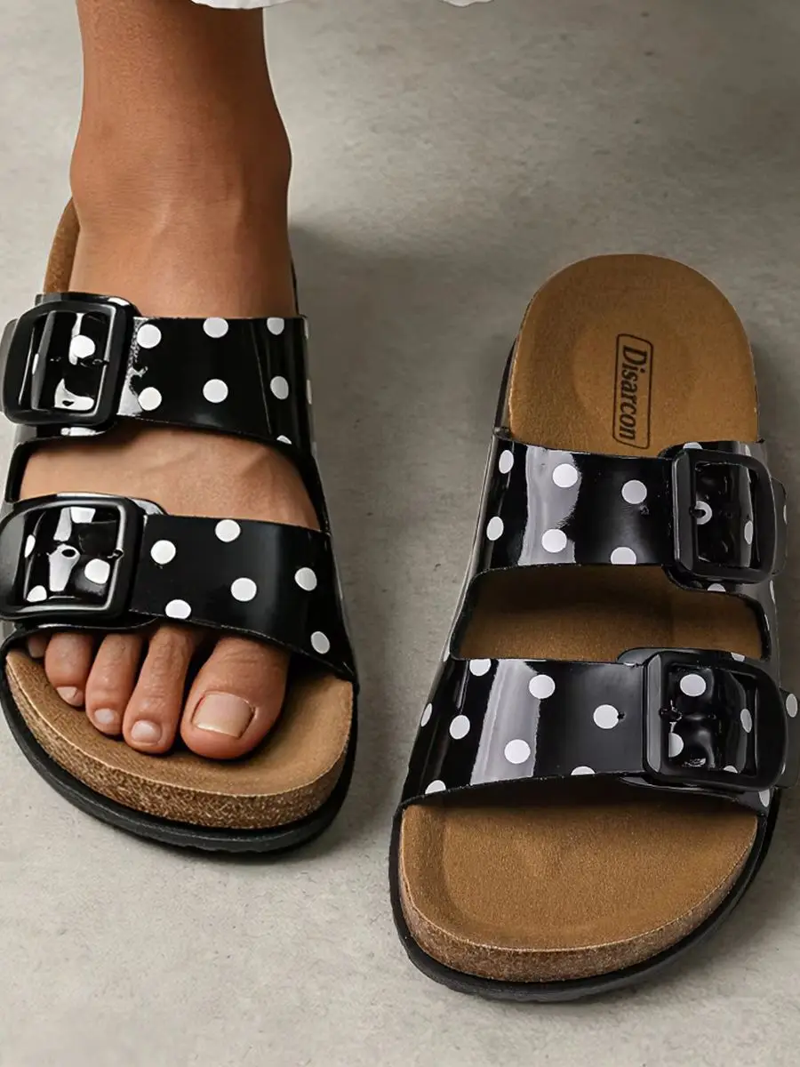 Polka-Dot Doppelriemen-Pantoffeln, Damen-Sandalen mit Verstellbarer Schnalle, Bequeme Flache Schuhe für den Täglichen Outdoor-Gebrauch – Detail 5