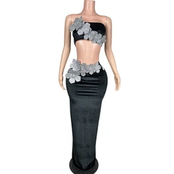 Sparkly Rhinestones Crop Top Long Skirt for Women Sexy Celebrate Evening Prom Birthday Dress Photo Shoot Wear