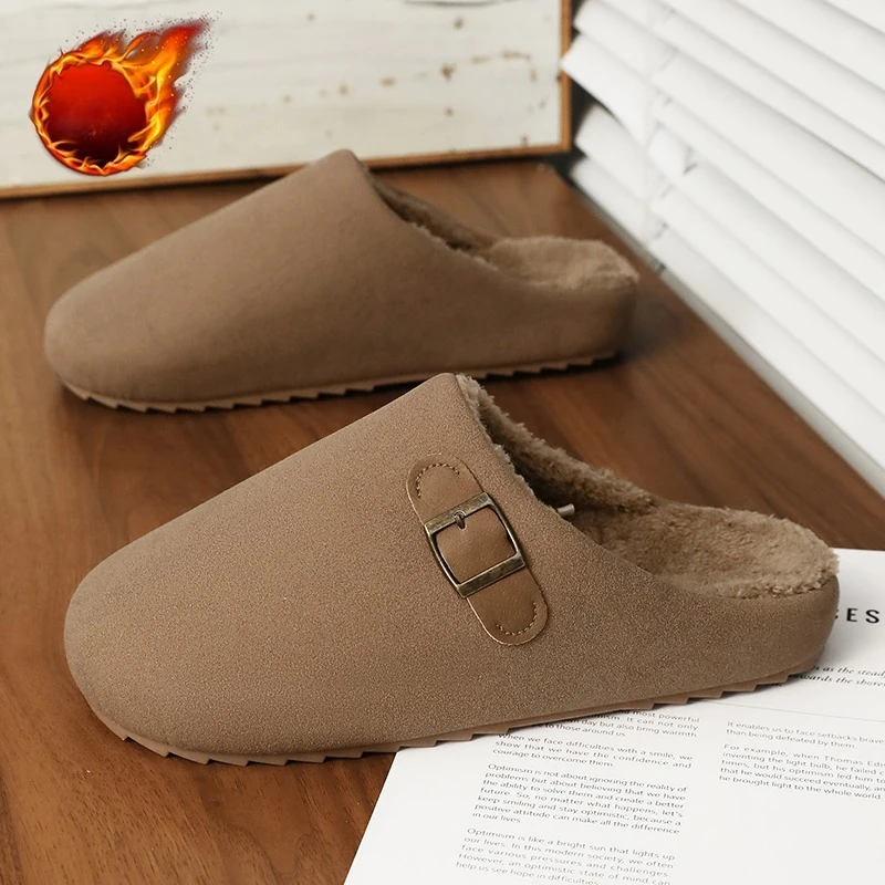 Men's Winter Warm Clogs Slippers Plush Fleece Lined Non-Slip Thick Soft Sole Buckle Faux Suede Indoor Outdoor Casual House Shoes