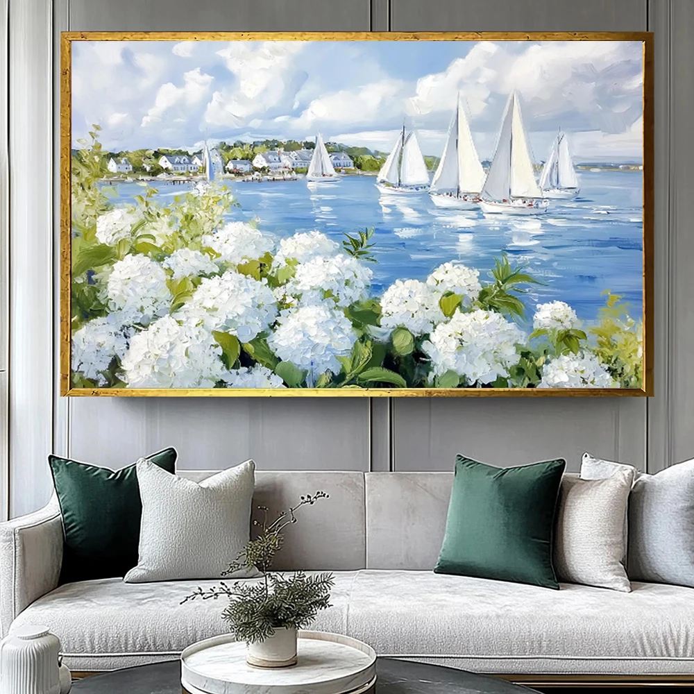 Nantucket sailboats print Postersa– white hydrangeas coastal wall art – coastal village painting, home living room decor, no fra