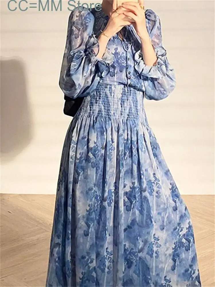 New Print Dress for Women Fashion French Style Elegant Long Sleeve O Neck Hollow Out Lace-up Dress Chic Maxi Dress