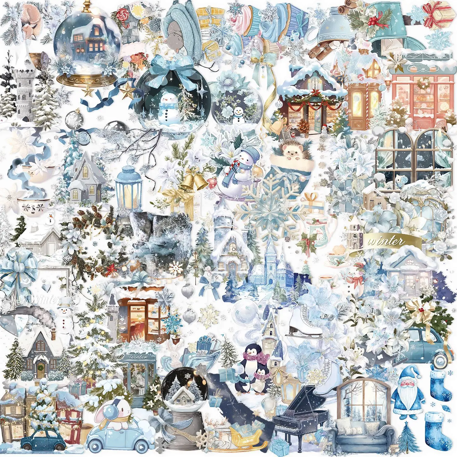 50/100 PCS Cartoon Winter Watercolor Stationery Reward Sticker Pack Waterproof Transparent PET Decorative Guitar Notebook