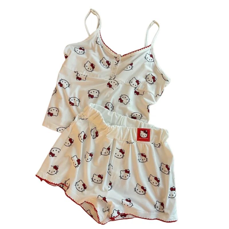 Pijamas de Verano Y2K Hello Kitty Sanrio Anime, Conjunto de Pantalones Cortos con Tirantes para Chicas, Ropa de Casa Informal con Estampado, Ropa de Dormir para Estudiantes