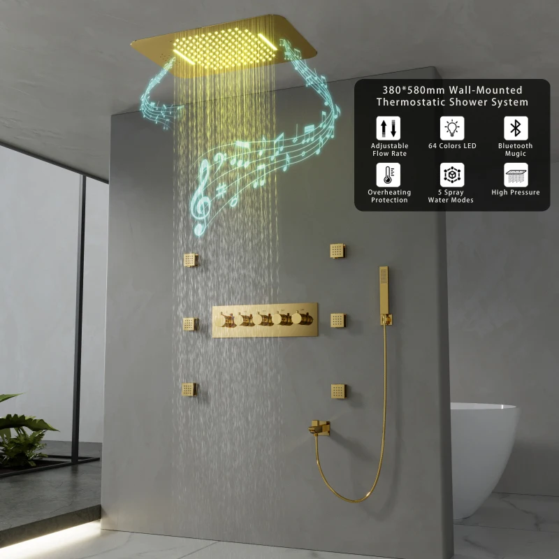 

Polished Gold Shower System Set Smart Thermostatic Mixer Ceiling Music SPA Massage Shower Head Rainfall Bathroom Faucets 58*38cm