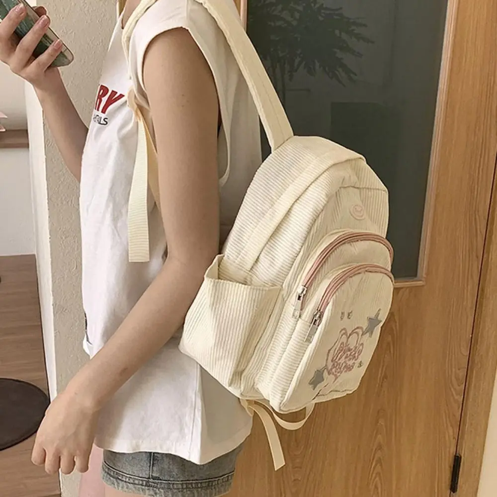 Mochila pequeña de pana, bolso de Color sólido, bolso de hombro Star Love, estilo coreano, mochila informal con múltiples bolsillos para estudiantes