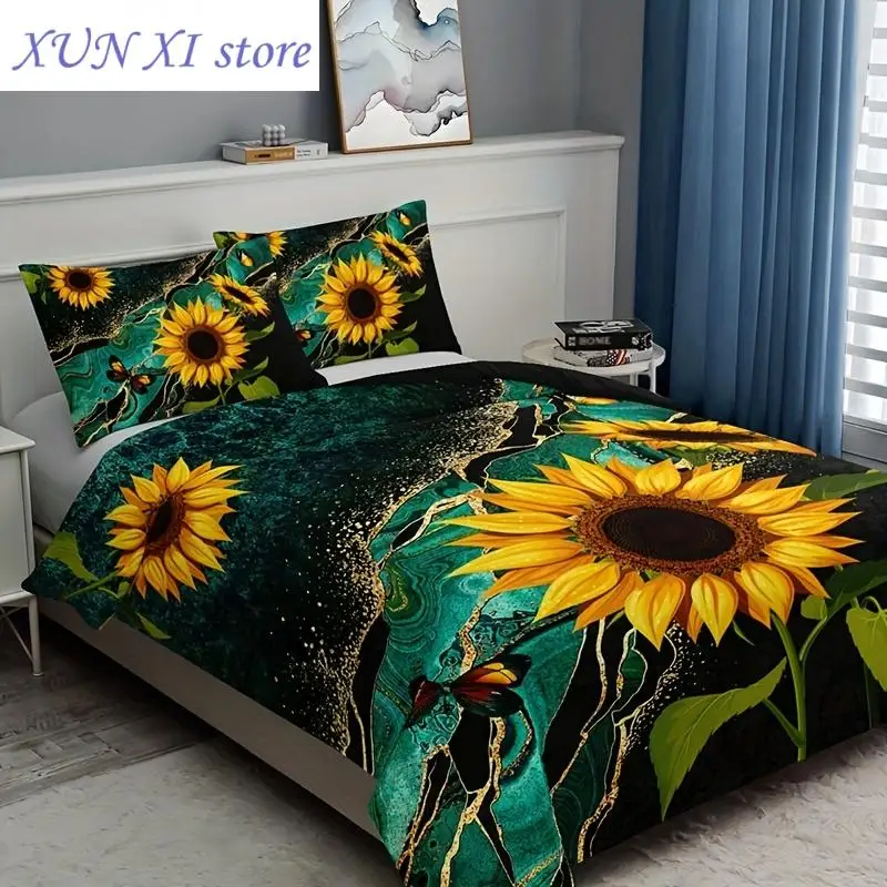 

New 3pcs Duvet Set, Classic Bronzing Marble Sunflower Print Bedding Set, Soft Comfortable Duvet Cover, For Bedroom, Guest Room