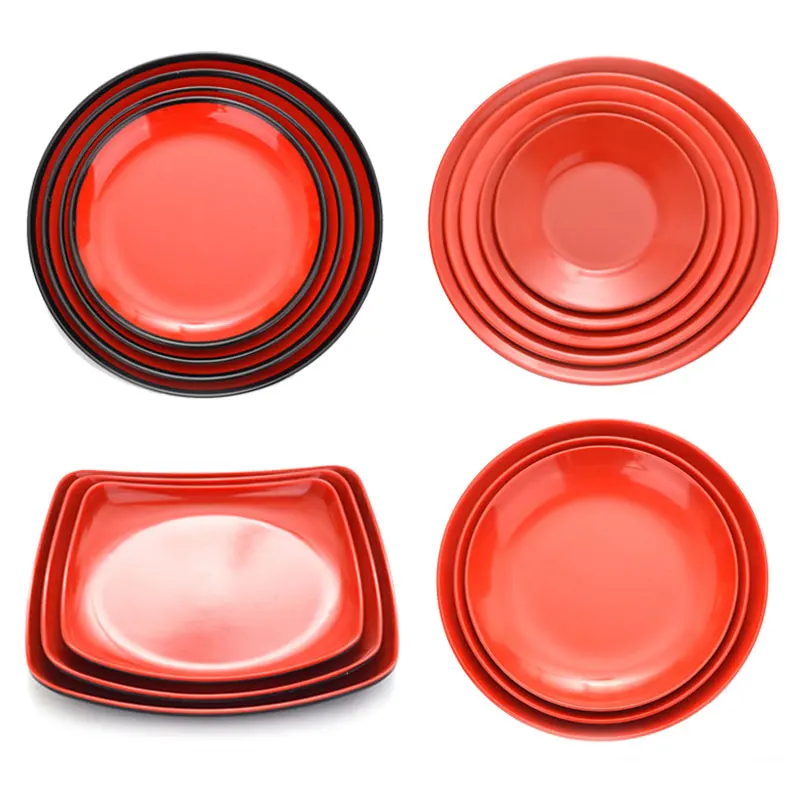 Round Red Melamine Plate, Plastic Self-service Plate, Dessert Plate, Fruits, Snacks, Barbecue, Tableware, Multiple Choices