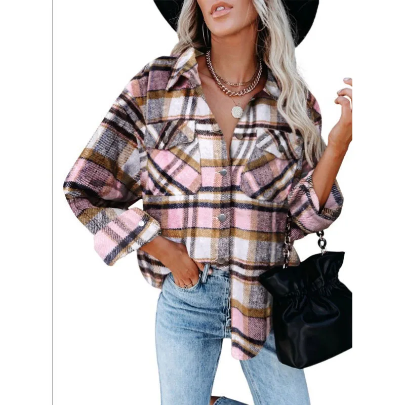 2023 Autumn and Winter Women\'s New Fashion Casual Checker Shirt Loose and Comfortable Versatile Woolen Flannel Button Up Coat