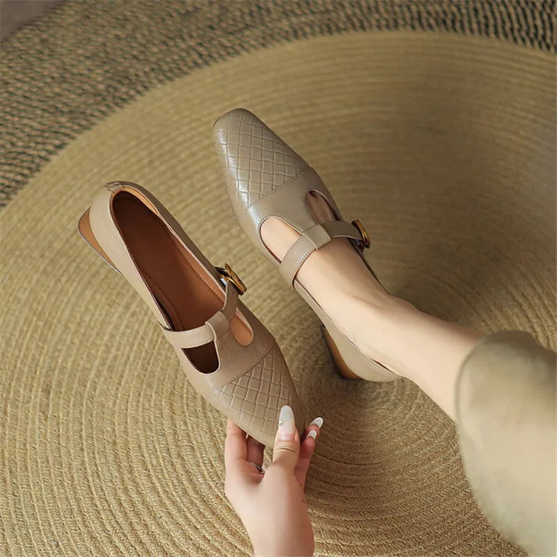 2024 New Spring Summer Sheepskin Women Shoes Square Toe Shallow Women Pumps Mary Jane Shoes for Women Chunky Heel Casual Shoes