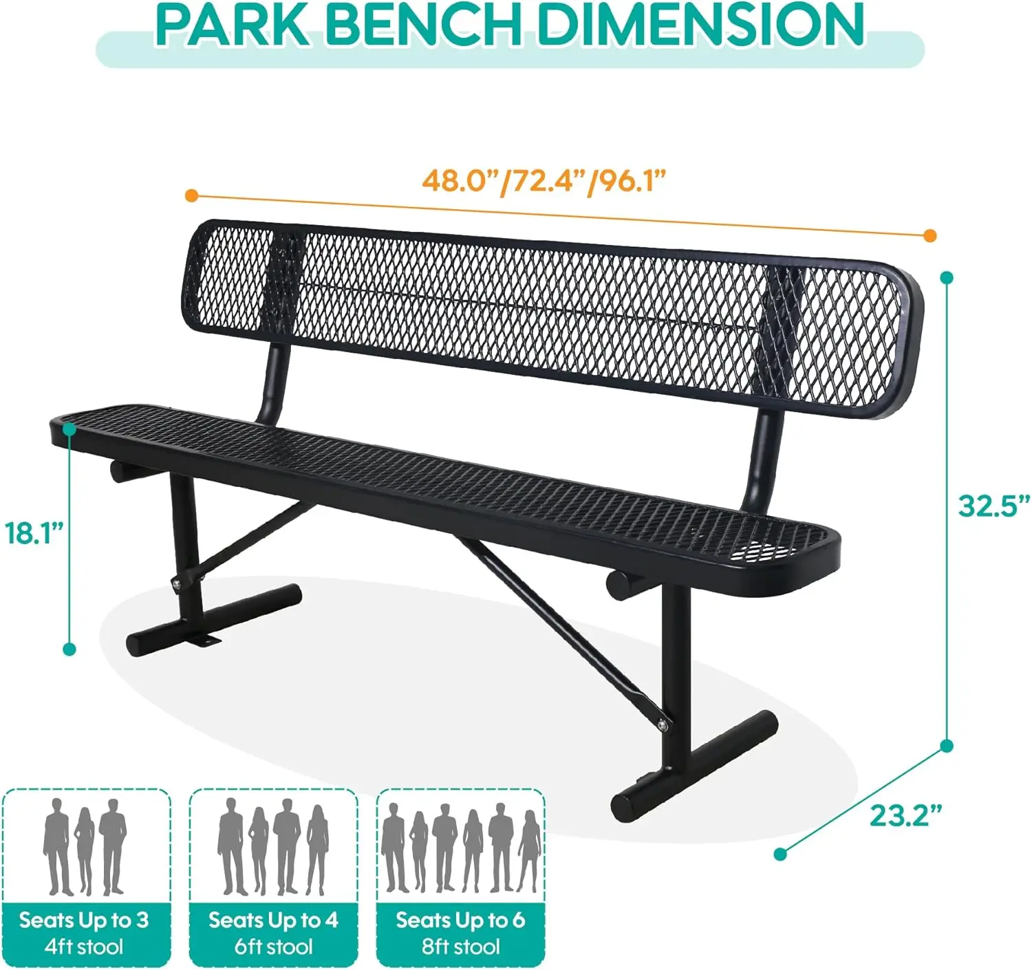 4FT Outdoor Steel Bench  Backrest Park Metal Back Bench Coated Outdoor Furniture Heavy Duty Park Bench Back Patio Bench  Garden