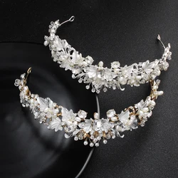 Luxury Rhinestone Bridal Crowns And Tiaras Pearl Flower Queen Crown Large Oval Diamond Hair Hoop Wedding Bride Hair Band