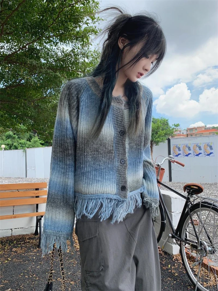 Vintage Tie Dye Sweater Cardigan Women Y2K Streetwear Tassel Knitted Crop Jacket Autumn Winter Korean Loose Knitwear Top Coat