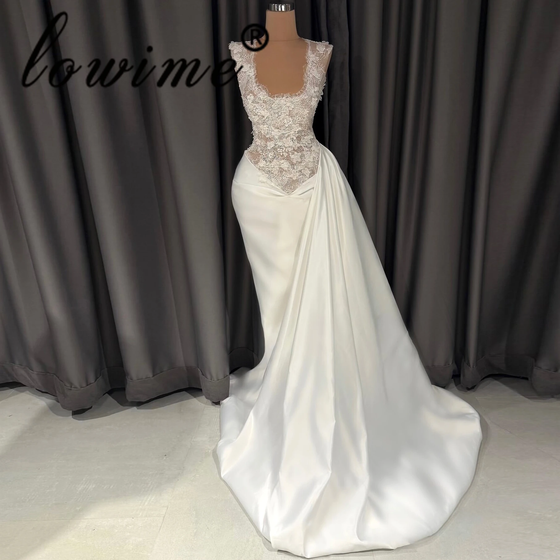 

Simple Sleeveless Mermaid Evening Dress White Lace Wedding Party Dress Elegant 3D Flower Beads Formal Prom Dress Customized 2026
