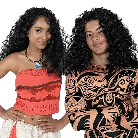 WHIMSICAL W Synthetic Polynesian Black Curly Cosplay Wig for Maui Role Play Polynesian Hair Wig Halloween Wig for Men Women