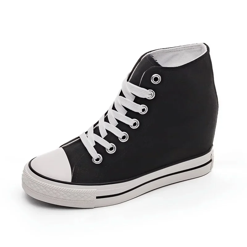 2025 New 8cm High Heels Shoes Casual Canvas Sneakers Designer Platform Wedges Ladies Hidden Wedge Elevator Shoes White black