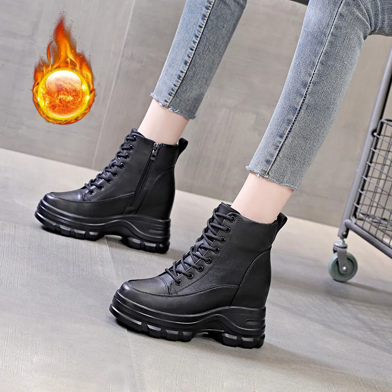 Autumn Winter Platform Height Increasing Shoes 9cm Hidden Heels Wedge Sneakers Female Casual All-match Thick Sole Short Boots