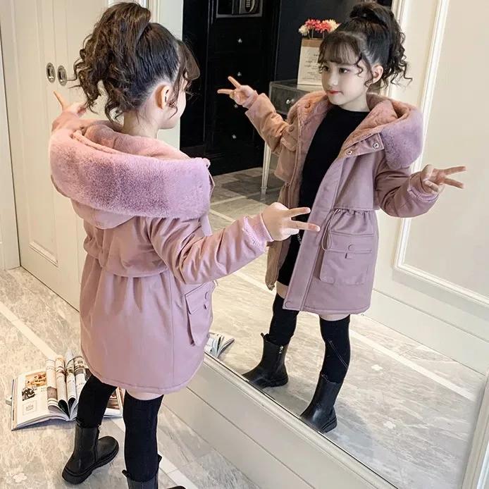 Girls Warm winter Coat Artificial hair fashion Long Kids Hooded Jacket for girls outerwear girls Clothes 4-12 years teens