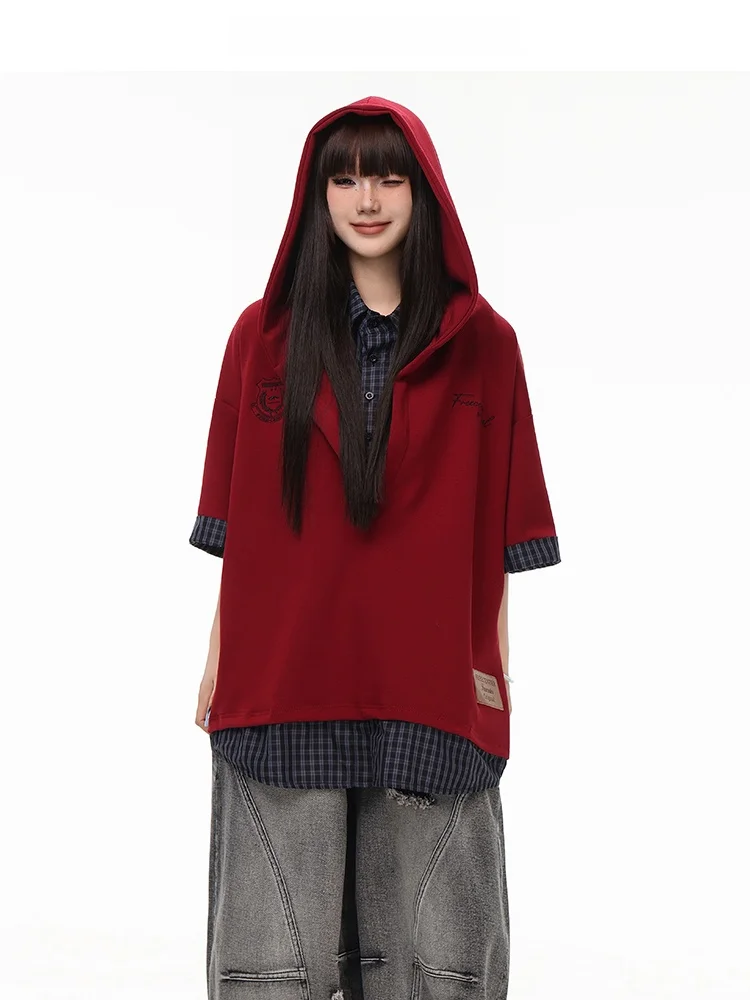 

Free Center 280G American Sle Plaid irt ort Sve Summer High Sense Hoodie T-irt ex Loose Fit Street Sle Top