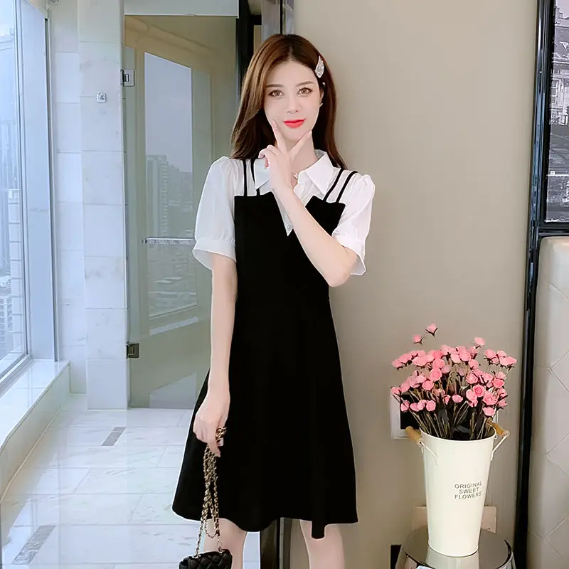 Summer Women\'s Mini Dress 2024 New Korean Fashion Patchwork Puff Sleeve Polo Collar Black A-Line Dresses Preppy Style Clothing