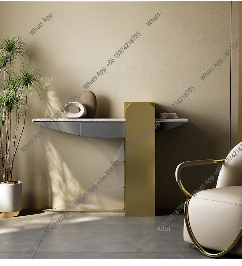

Marble entrance table Modern designer entrance table Large apartment against the wall Stainless steel light luxury entrance