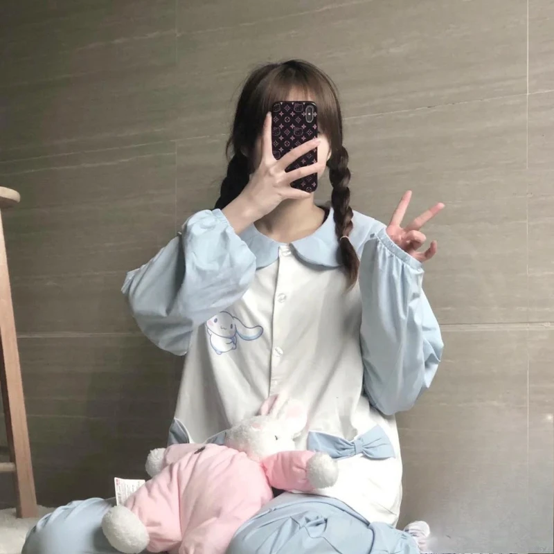 

Весенне-осенние сине-белые милые пижамы Cinnamoroll для девочек, милый кукольный воротник, студенческий комплект с длинными рукавами и брюками, комплект домашней одежды