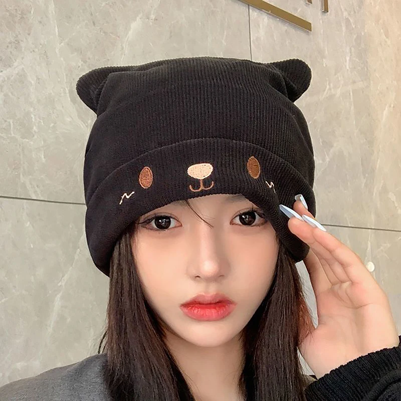 Cute Cat Embroidered Knitted Hat Outdoor Warm Ear Protection Cat Ears Wool Cap Over Head Cold Cap Street Beanies Cap Penny Cap