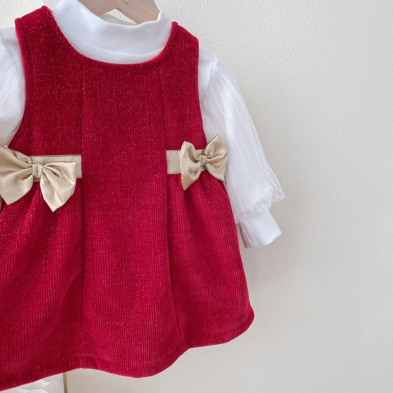 Winter girls' velvet cotton warm delicate bow vest dress girls' dress lantern sleeve shirt shirt shirt suit dress 1-5 years old