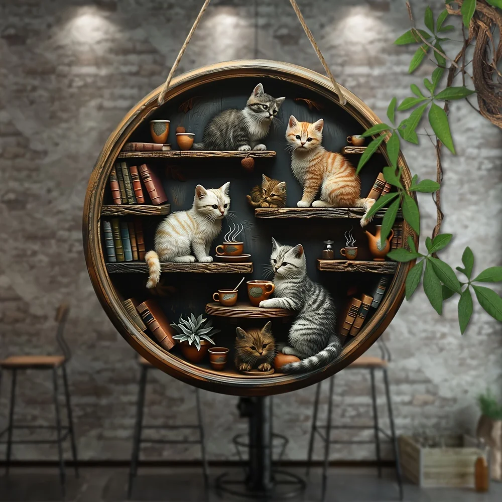 1pc, cat lover round wooden hanging sign 20cm x 20cm, whimsical cat in library wall art, multifunctional interior wall