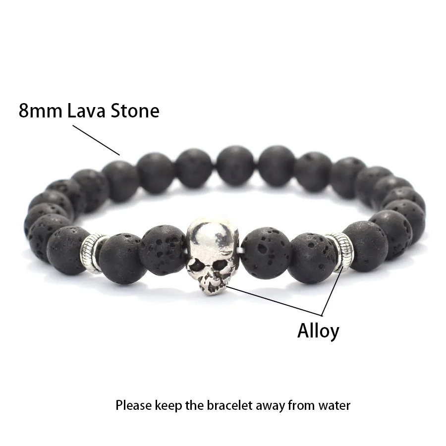 Retro Halloween Skull Bracelet For Men 8mm Lava Tiger Eyes Hematite Healing Braclet Hiphop Accessories Cycling Braslet Homme