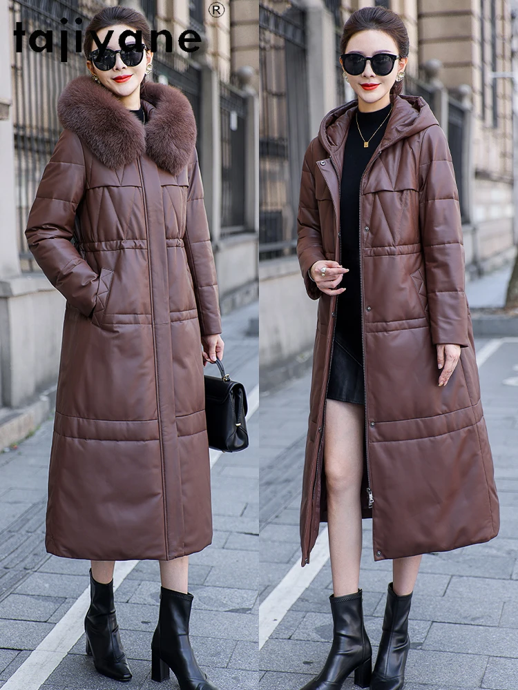 TAJIYANE 100% جلد الغنم أوزة أسفل معطف المرأة مقنعين سليم الثعلب الفراء طوق معاطف سترة جلدية حقيقية الشتاء ملابس امرأة 2025 كورت